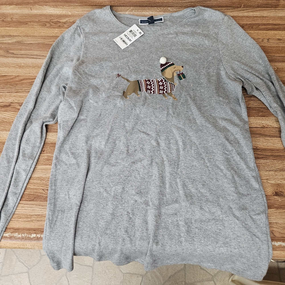 Karen Scott Heather Gray Dachshund Long Sleeve Size M
